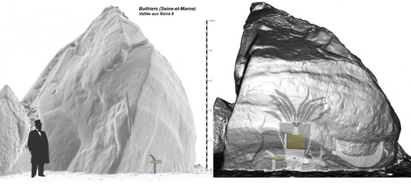 Figure 5. Profile and frontal views of a 3D photogrammetric model of the rock with a graphic inscription of the signs upon the supporting rock face.
