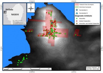 Figure 2. Location of Stélida on Naxos, transects and grids surveyed in 2013, and the distribution of diagnostic earlier prehistoric artefacts.
